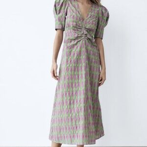 ZARA Pink & Green Plaid Seersucker Puff Sleeve Midi Dress | SZ XS